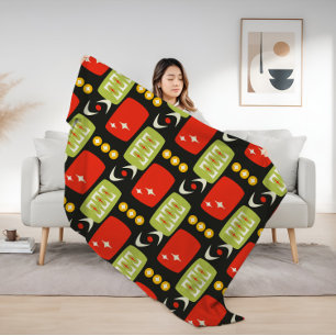Retro Mid Century Atomic Black Red Green Pattern Sherpa Blanket