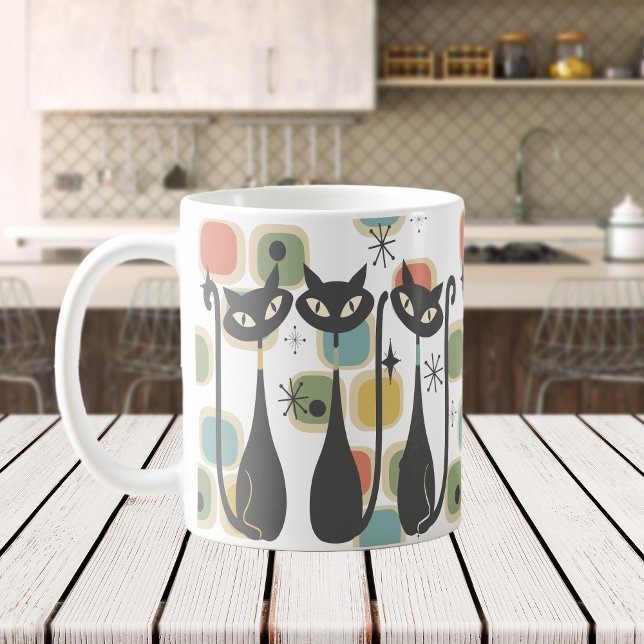 Retro Mid Century Black Atomic Cats  Coffee Mug (Retro Mid Century Black Atomic Cats Coffee Mug)