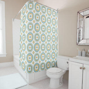 Retro Mid Century Circles and Flowers Aqua, Gold Shower Curtain