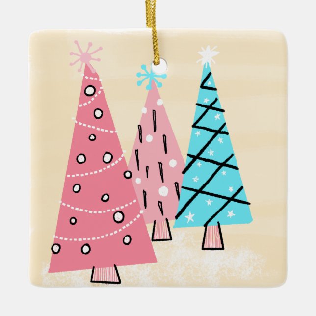 Retro Mid-century Colourful Holiday Trees Ceramic Ornament (Front)
