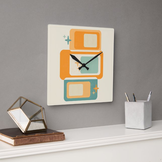 Retro Mid Century Geometric Abstract Teal Orange Square Wall Clock (Office)