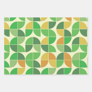 Retro Mid Century Geometric Floral Green  Wrapping Paper Sheet