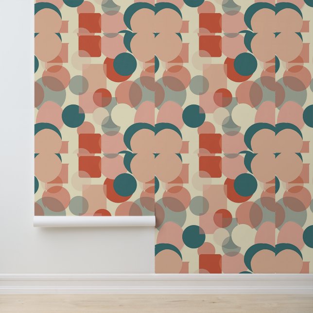 Retro Mid-Century Geometric Pattern in Coral, Teal Wallpaper (Application)