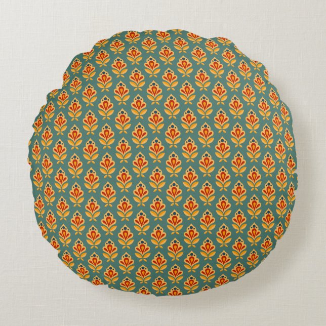 Retro Mid- Century Geometric Print 1970s Patterned Round Cushion (Front)