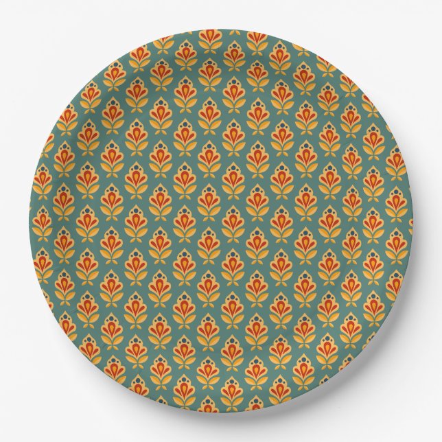 Retro Mid- Century Geometric Print Patterned Paper Plate (Front)