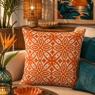 Retro Mid Century Hawaiian Tapa Pattern Orange Cushion