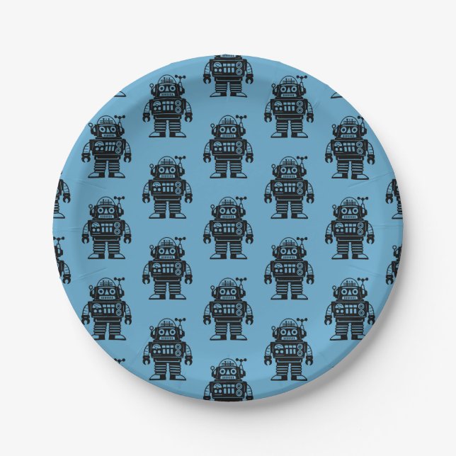 Retro Mid Century Inspired Robot Pattern Paper Plate (Front)