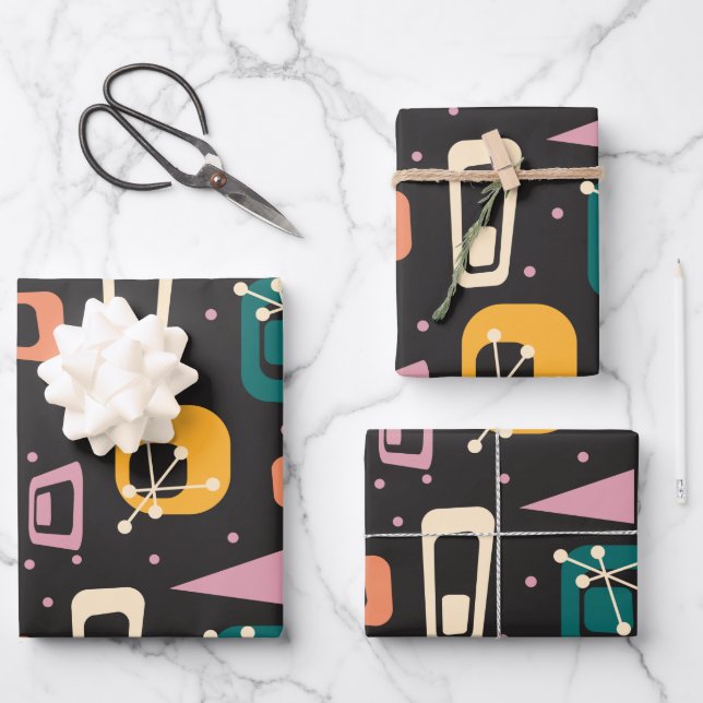 Retro Mid Century Mod Atomic Space Age Black Wrapping Paper Sheet (Front)