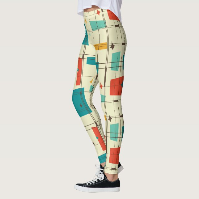 Retro Mid Century Mod Atomic Space Age Teal Red Leggings (Left)