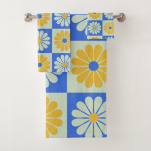 Retro Mid Century Mod Flowers in Blue and Yellow Bath Towel Set