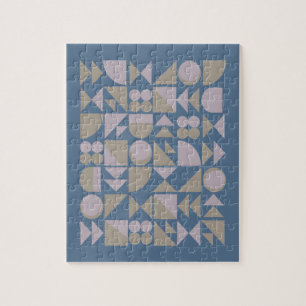 Retro Mid Century Mod Geometric Shapes Blue Jigsaw Puzzle