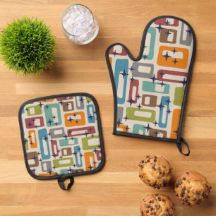 Retro Mid Century Modern Abstract Pattern Oven Mitt & Pot Holder Set