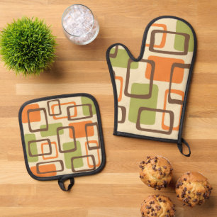 Retro Mid Century Modern Abstract Pattern Oven Mitt & Pot Holder Set