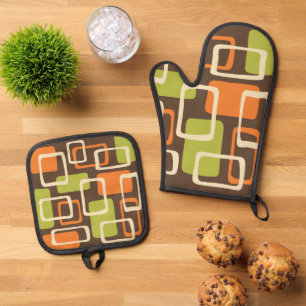 Retro Mid Century Modern Abstract Pattern Oven Mitt & Pot Holder Set