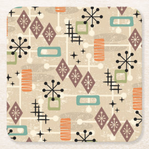 Retro Mid Century Modern Abstract Pattern Square Paper Coaster