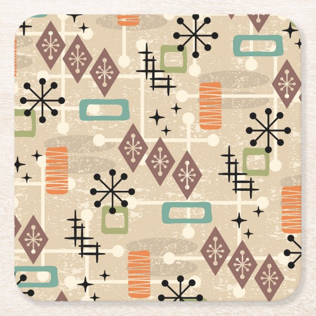 Retro Mid Century Modern Abstract Pattern Square Paper Coaster (Front)