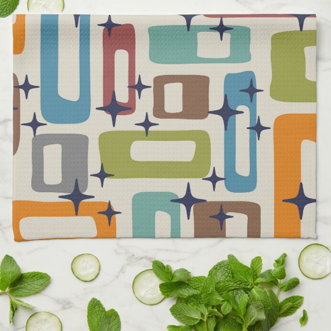 Retro Mid Century Modern Abstract Pattern Tea Towel (Folded)