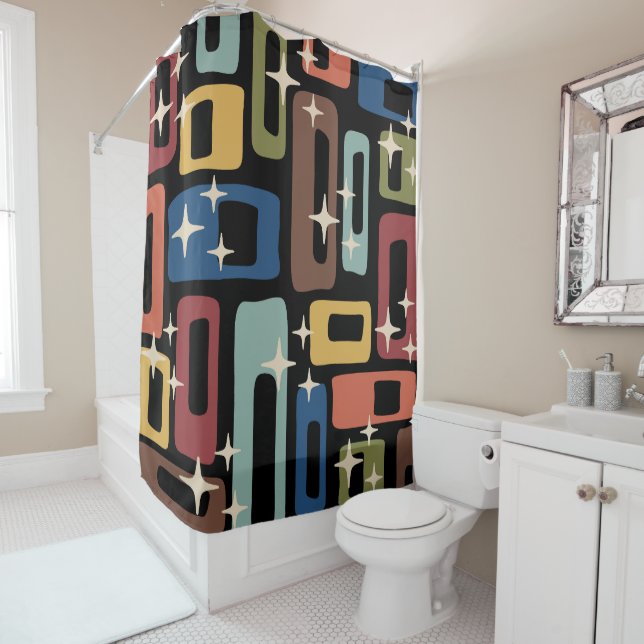 Retro Mid Century Modern Abstract Shower Curtain (In Situ)