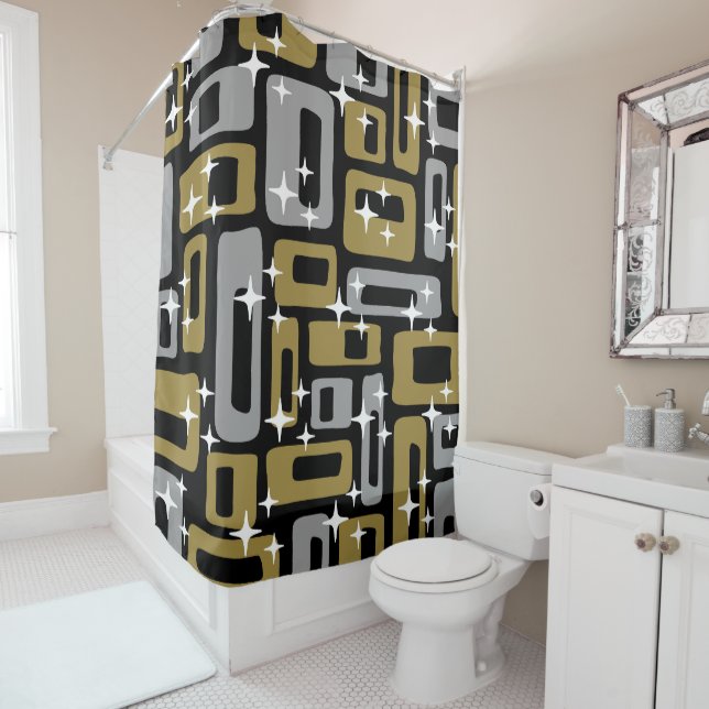 Retro Mid Century Modern Abstract Shower Curtain (In Situ)