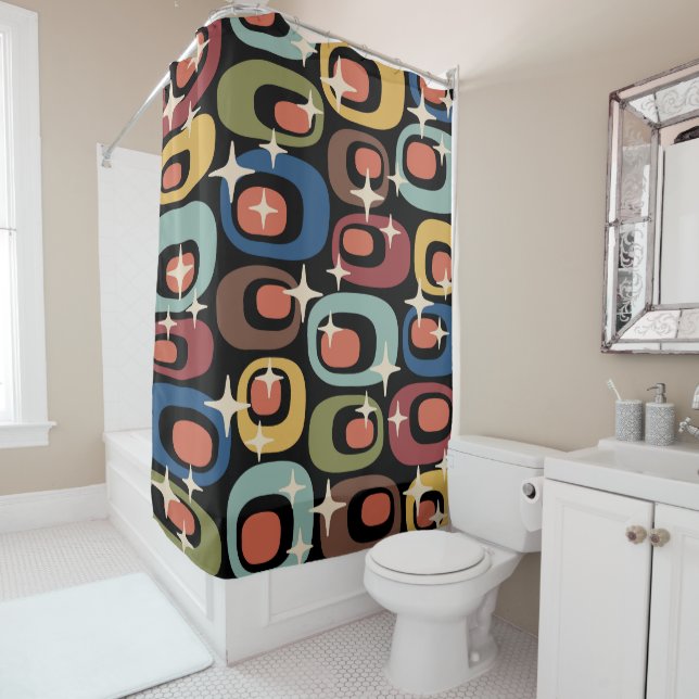 Retro Mid Century Modern Abstract Shower Curtain (In Situ)