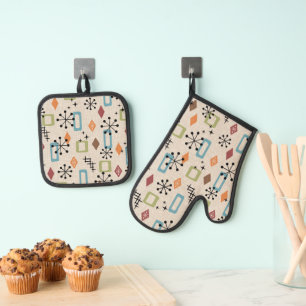 Retro Mid Century Modern Atomic Abstract Pattern Oven Mitt & Pot Holder Set