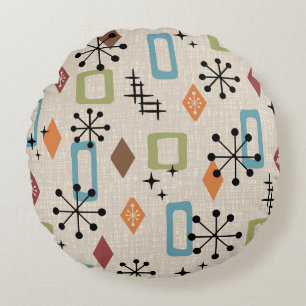 Retro Mid Century Modern Atomic Abstract Pattern Round Cushion