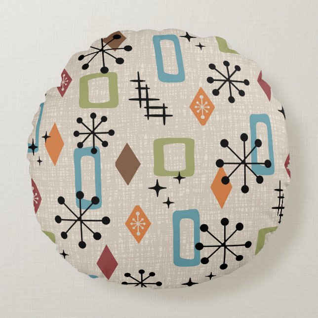 Retro Mid Century Modern Atomic Abstract Pattern Round Cushion (Front)