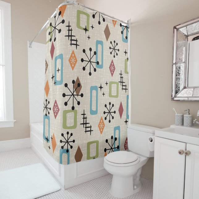 Retro Mid Century Modern Atomic Abstract Pattern Shower Curtain (In Situ)