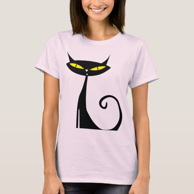 Retro Mid Century Modern Atomic Age Mod Black Cat T-Shirt (Front)