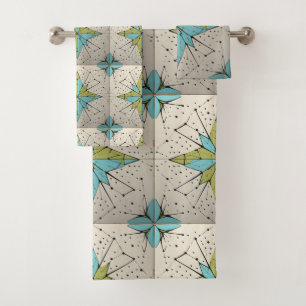 Retro Mid Century Modern Atomic Geometric Pattern Bath Towel Set