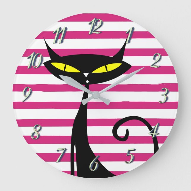 Retro Mid Century Modern Black Cat Pink Stripes Large Clock (Front)