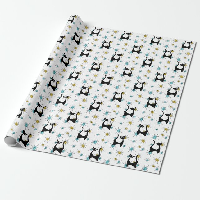 Retro Mid-Century Modern Cat Wrapping Paper (Unrolled)