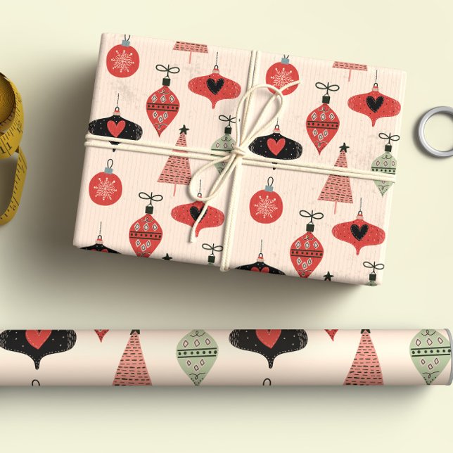 Retro Mid Century Modern Christmas Red Black Cream Wrapping Paper Sheet (Creator Uploaded)