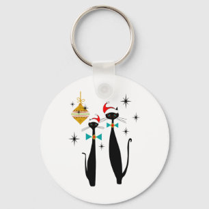 Retro Mid Century Modern Cool Cat Christmas Key Ring