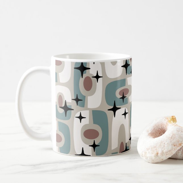 Retro Mid Century Modern Cosmic Abstract Pattern Coffee Mug (With Donut)