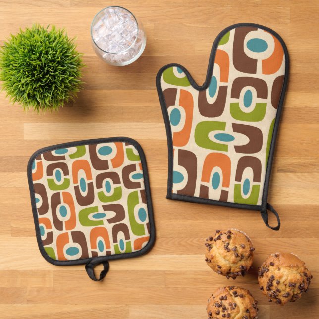 Retro Mid Century Modern Cosmic Abstract Pattern Oven Mitt & Pot Holder Set (Top Down)