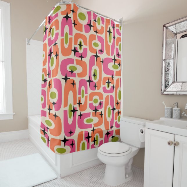 Retro Mid Century Modern Cosmic Abstract Pattern Shower Curtain (In Situ)