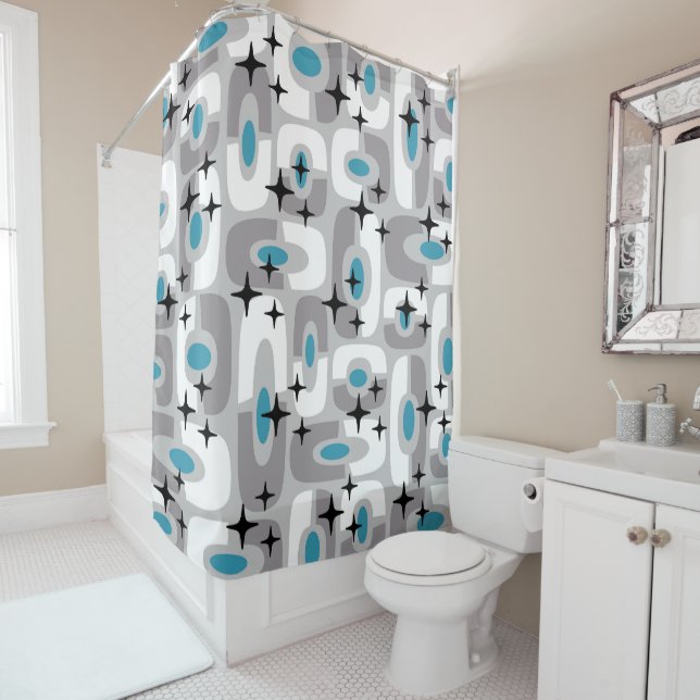 Retro Mid Century Modern Cosmic Abstract Pattern Shower Curtain (In Situ)