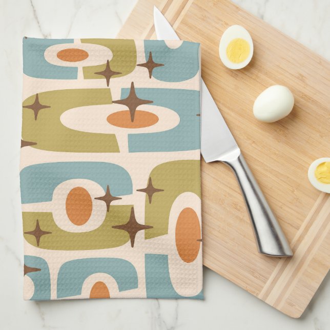 Retro Mid Century Modern Cosmic Abstract Pattern Tea Towel (Quarter Fold)