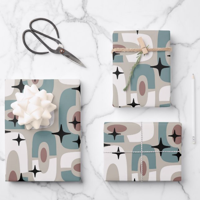 Retro Mid Century Modern Cosmic Abstract Pattern Wrapping Paper Sheet (Front)