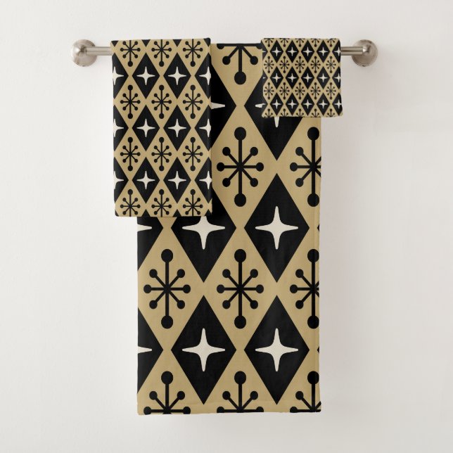 Retro Mid Century Modern Diamond Starburst Pattern Bath Towel Set (Insitu)
