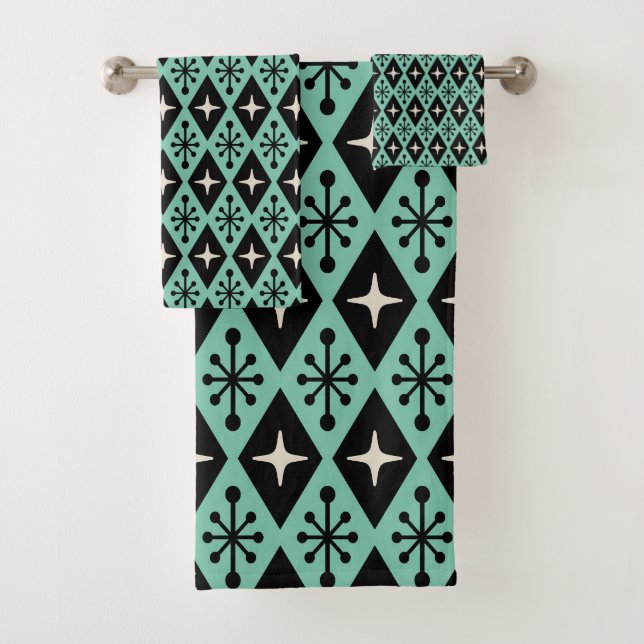 Retro Mid Century Modern Diamond Starburst Pattern Bath Towel Set (Insitu)