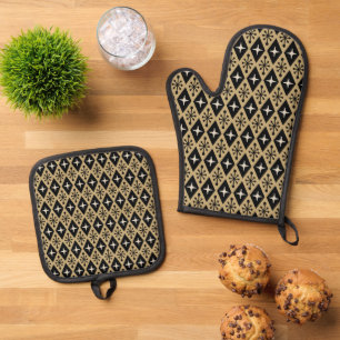 Retro Mid Century Modern Diamond Starburst Pattern Oven Mitt & Pot Holder Set