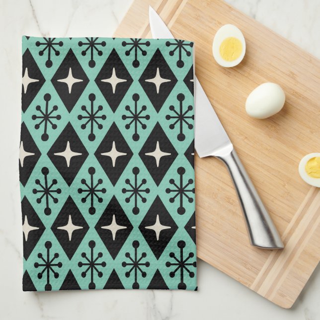 Retro Mid Century Modern Diamond Starburst Pattern Tea Towel (Quarter Fold)