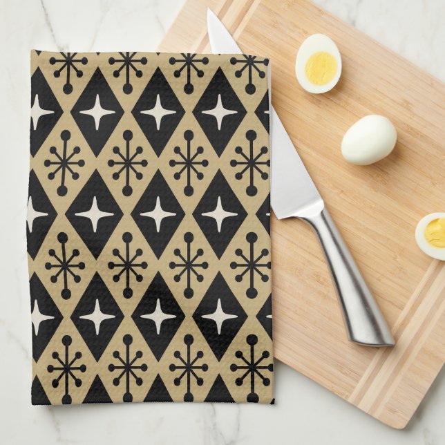 Retro Mid Century Modern Diamond Starburst Pattern Tea Towel (Quarter Fold)