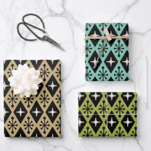 Retro Mid Century Modern Diamond Starburst Pattern Wrapping Paper Sheet