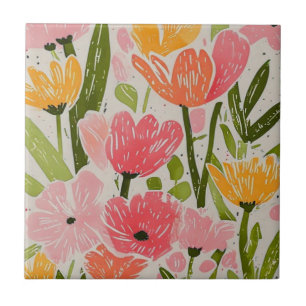 Retro Mid Century Modern Floral Design Ceramic Tile