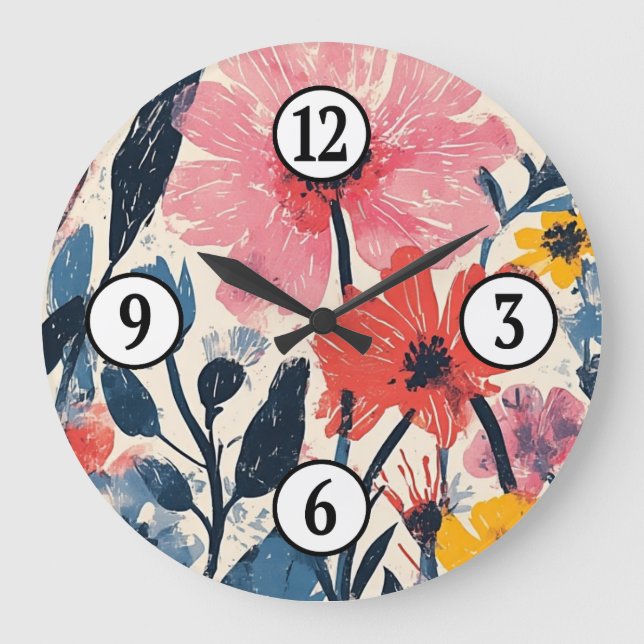 Retro Mid Century Modern Floral Design Large Clock (Front)