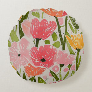 Retro Mid Century Modern Floral Design Round Cushion