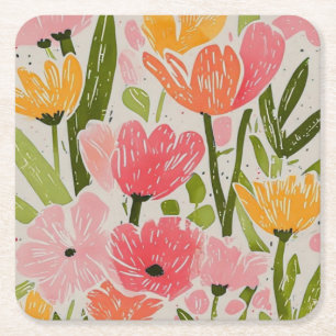 Retro Mid Century Modern Floral Design Square Paper Coaster